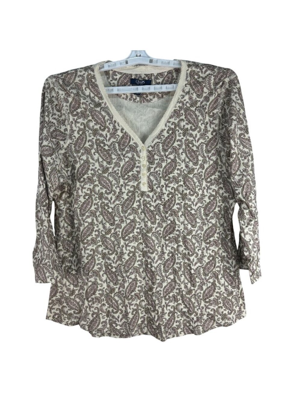 Chaps Womens XXL Long Sleeve Paisley Print Henley Top 100% Cotton Beige Multi